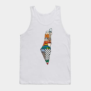 I Love Palestine My Homeland Palestinian Map with Kufiya Hatta Pattern and Most Sacred Cites In Jerusalem -blk Tank Top